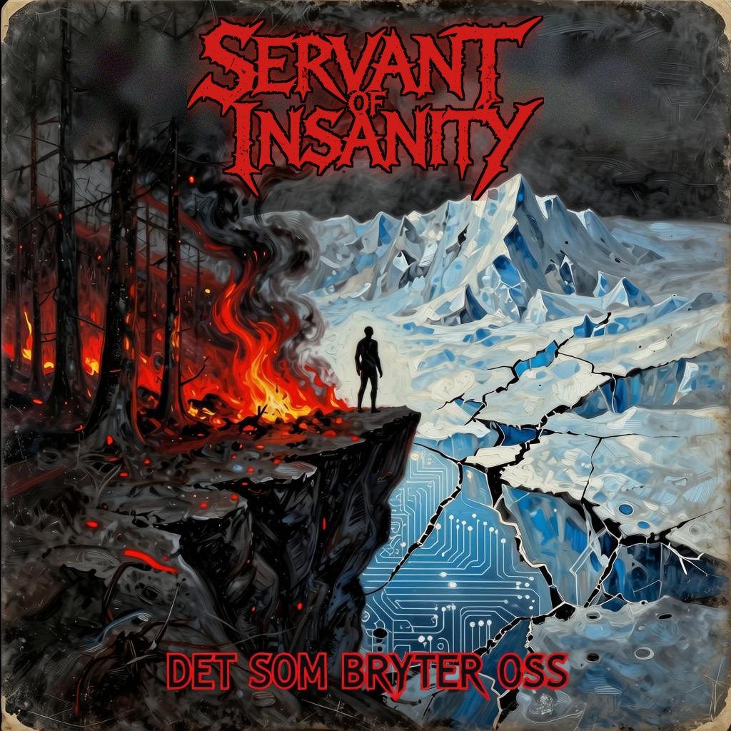 Det Som Bryter Oss album cover: a lone figure on a cliff between a burning forest and cracked ice
