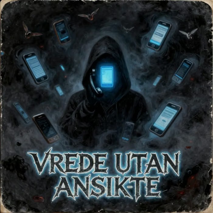 Vrede utan Ansikte single cover: a hooded figure with a glowing phone for a face, surrounded by floating smartphones